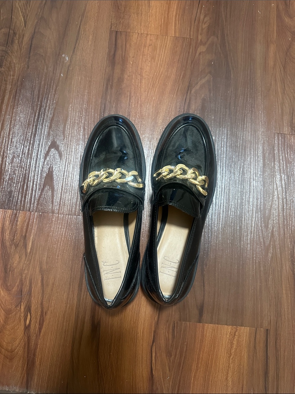 INC International Concepts Black Patent Loafers with Gold Chain